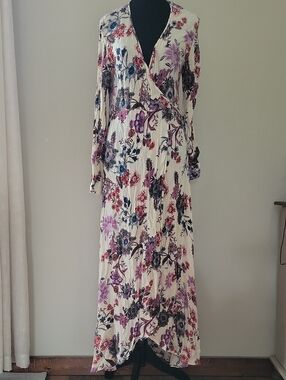 Floral Wrap Maxi Dress - Cream with Pink & Blue Floral